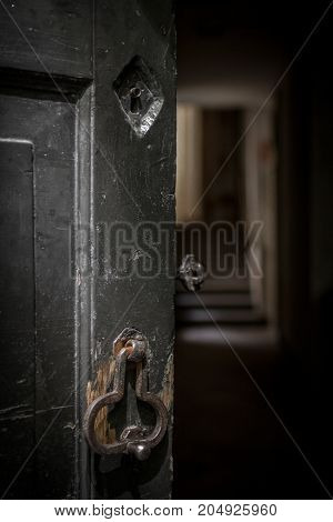 An old half-open door leads to a dimly lit corridor.