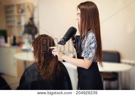 Master hairdresser dries hair with a hairdryer to client keratin t girl. concept of hair care, healthy hair, straight hair.
