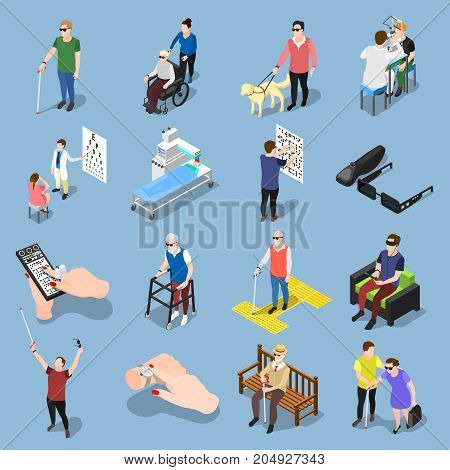 Isometric blind people icons collection of isolated realistic images of sightless human characters in different situations vector illustration