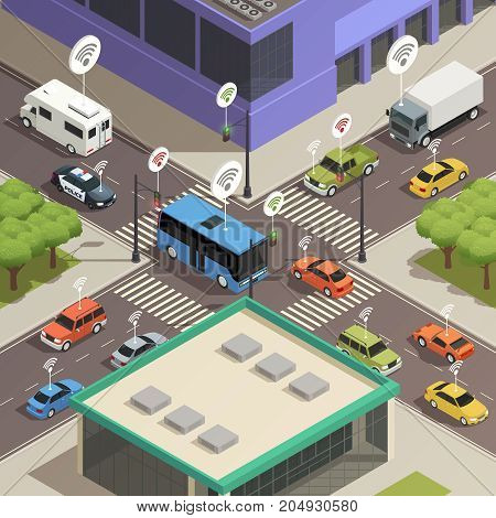 Smart city traffic lights assistance technology connecting  cars in busy streets intersections isometric composition poster vector illustration