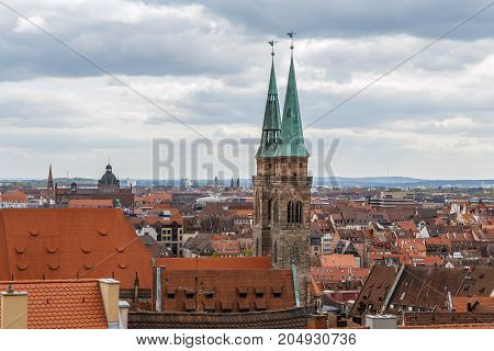View of Nuremberg historic center from castle wall Germany
