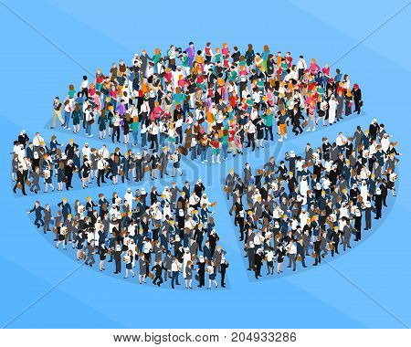 Colored crowd people isometric pie chart composition with people who organized flash mob vector illustration