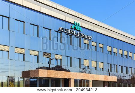 Glattbrugg, Switzerland - 28 March, 2017: partial view of an office building bearing the sign of the Alpine Finanz Immobilien AG group, which is primarily active in the commercial property sector.