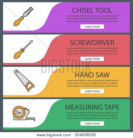 Construction tools web banner templates set. Chisel, screwdriver, hand saw, measuring tape. Website color menu items. Vector headers design concepts