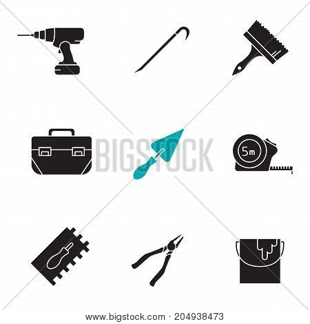 Construction tools glyph icons set. Silhouette symbols. Cordless drill, crowbar, paint brush and bucket , tool box, triangular shovel, measuring tape, nippers. Vector isolated illustration
