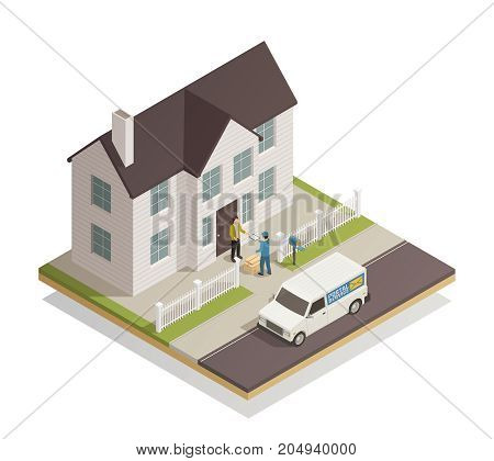 Postal parcels delivery service isometric composition  with postman handling customer package at residential townhouse door vector illustration
