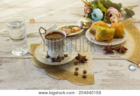 Cup Of Turkish Coffee And Plate With Baklava Top View