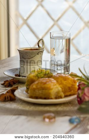 Cup Of Turkish Coffee And Plate With Baklava