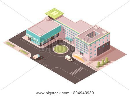 Hospital with signage, helicopter pad and ventilation equipment on roof, road infrastructure, transportation  isometric mockup vector illustration