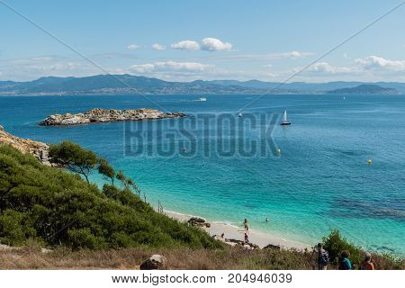 ISLAS CIES VIGO SPAIN - SEPTEMBER 16 2017: View of the Playa de Nossa Senora at Cies islands of Spain included in the Atlantic Islands of Galicia National Park