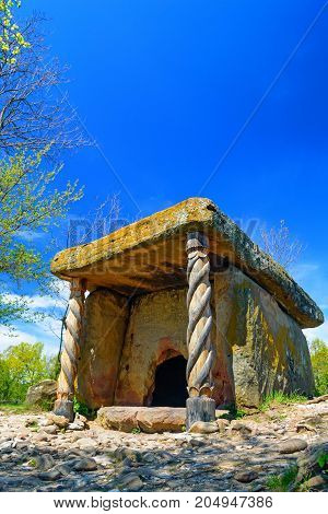 Close up beautiful stone dolmen on sunny day