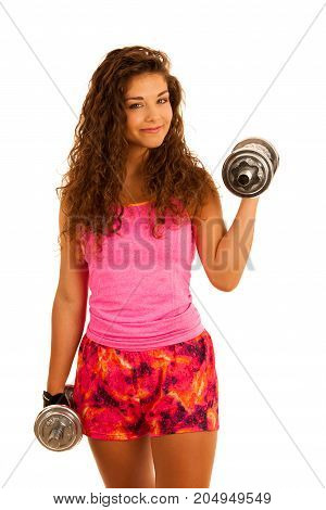 Active Young Fit Woman Workout With Dubbells Isolated Over White Background