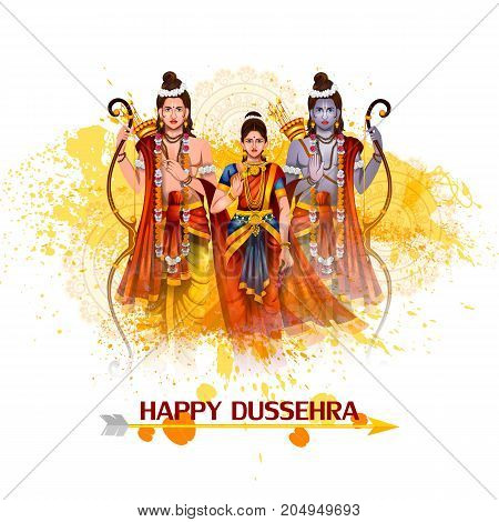 easy to edit vector illustration of Lord Rama Laxmana and Sita in Happy Dussehra background showing festival of India