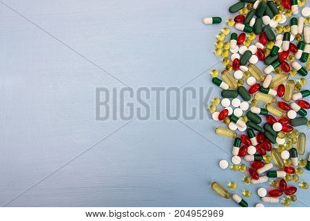 Pills Background. Heap Of Assorted Various Medicine Tablets And Pills In Blisters Different Colors O