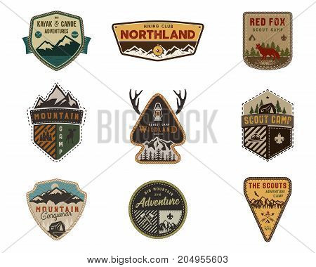 Traveling, outdoor badge collection. Scout camp emblem set. Vintage hand drawn design. Stock vector illustration, insignias, rustic patches. Isolated on white background.