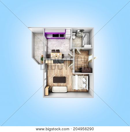 Interior Apartment Roofless Top View Apartment Layout On Blue Gradient Background 3D Render