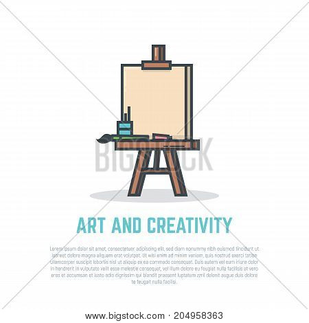 Linear easel with blank canvas and brush. Retro colors and shadows. Flat style line modern vector illustration with retro colors. Template for banner commercial article or web with text.