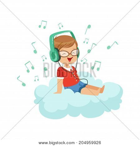Cute little boy sitting on cloud listening music with headphones, kids imagination and dreams vector illustration isolated on a white background