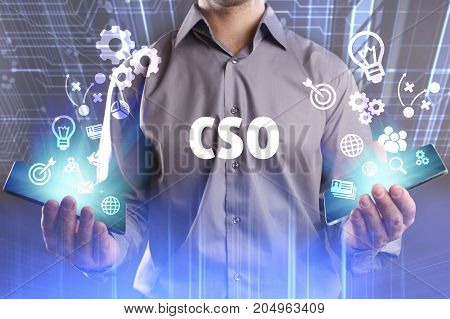 Business, Technology, Internet And Network Concept. Young Businessman Working On A Virtual Screen Of