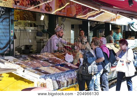 23 AUGUST 2017, VIENNA, AUSTRIA:The oldest in Vienna is the Naschmarkt Market with products of alcoholic fruits and vegetables.