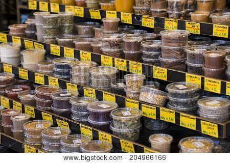 23 AUGUST 2017, VIENNA, AUSTRIA:The oldest in Vienna is the Naschmarkt Market with products of alcoholic fruits and vegetables.