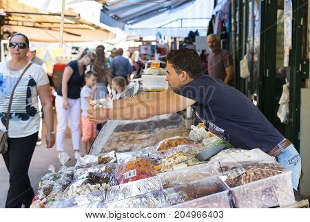 23 AUGUST 2017, VIENNA, AUSTRIA:The oldest in Vienna is the Naschmarkt Market with products of alcoholic fruits and vegetables.