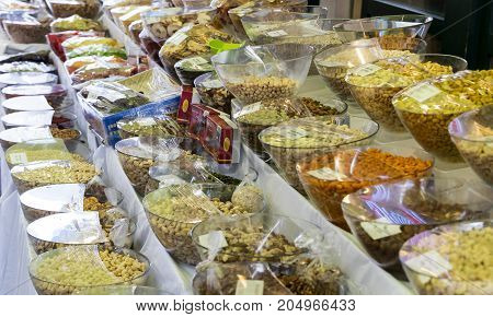 23 AUGUST 2017, VIENNA, AUSTRIA:The oldest in Vienna is the Naschmarkt Market with products of alcoholic fruits and vegetables.