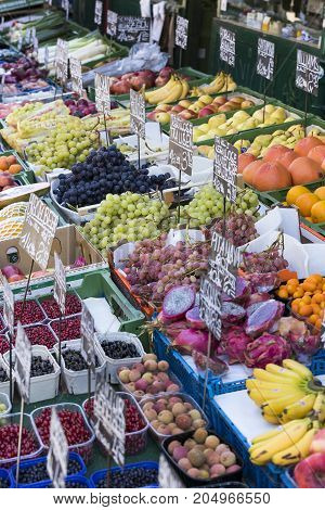 23 AUGUST 2017, VIENNA, AUSTRIA:The oldest in Vienna is the Naschmarkt Market with products of alcoholic fruits and vegetables.