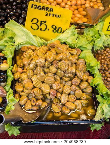 Turkish Style Prepared Olives In The Market Stands