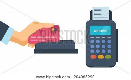 Concept of pos terminal and payments systems. Financial transactions. Hand hold a bank card and conducts it on the terminal for the successful payment process. Vector illustration isolated.
