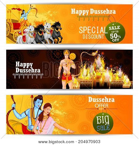 easy to edit vector illustration of Lord Rama Laxmana and Sita in Happy Dussehra background showing festival of India