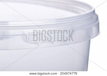Transparent plastic bucket with transparent lid plastic containers on white background food plastic box isolated on white product packaging for foodstuff or paints adhesives sealants primers