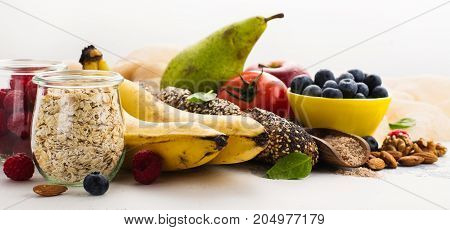 Food rich of fiber. Healthy food background. Diet or healthy lifestyle concept. Selective focus