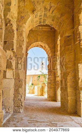 The Walk In Portico Of El Jem Amphitheater In El Djem