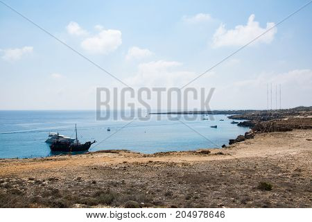 ships in the lagoon at the natural park Cape Greko, Cyprus