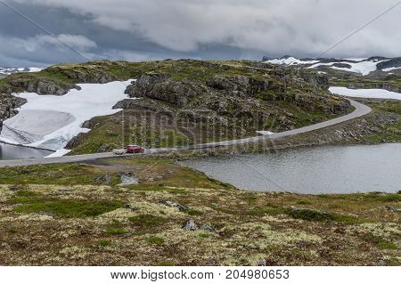 Mountain landscape along the National tourist route Aurlandstjellet. Flotan. Bjorgavegen. Western Norway