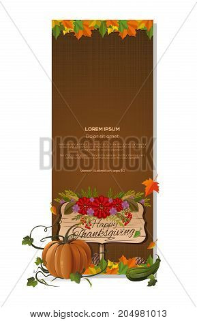 Happy Thanksgiving. Vertical banner for Thanksgiving Day. Autumn background with free space for text. Autumn still life. Vector illustration