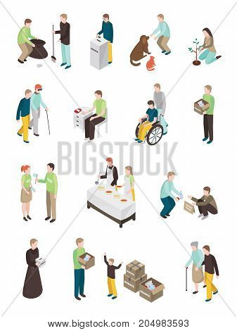 Charity volunteer people isometric set of isolated human characters of different age doing various humanitarian activities vector illustration