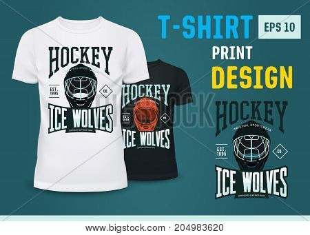 Branding of hockey ice wolves team from USA or canada on black and white t-shirts. Sport team badge on u-neck cloth. Sportswear and ads, winter or ice sport clothing and branding, advertising theme