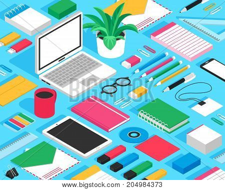 Classic office stationary accessoires colorful mockup isometric seamless design with erasers notepads markers glasses blue background vector illustration