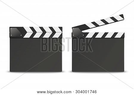 Vector 3d Realistic Blank Closed And Opened Movie Film Clap Board Icon Set Closeup Isolated On White