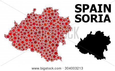 Red Star Mosaic And Solid Map Of Soria Province. Vector Geographic Map Of Soria Province In Red Colo