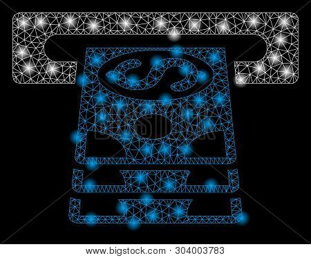 Bright Mesh Bank Cashpoint With Glare Effect. Abstract Illuminated Model Of Bank Cashpoint Icon. Shi