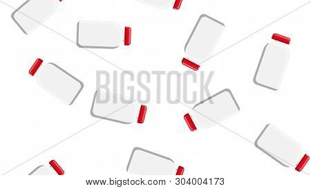 Seamless Pattern Texture Of White Plastic Medical Pharmacetic Jars With Lids Of Drugs, Drugs On A Wh