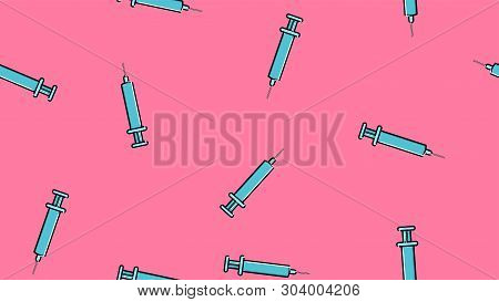 Seamless Pattern Texture Of Blue Disposable Sharp Medical Pharmacetic Syringe For Pricks With Medici