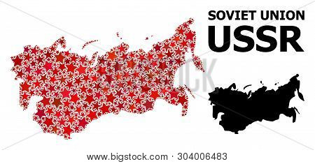Red Star Mosaic And Solid Map Of Ussr. Vector Geographic Map Of Ussr In Red Color Tints. Abstract Mo