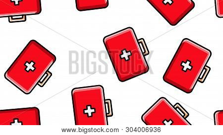 Seamless Pattern Texture Of Red Medical Pharmaceptic First Aid Kits With Medicine, Drugs On White Ba