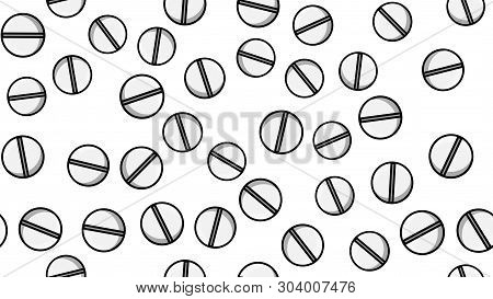 Seamless Pattern Texture Of Red Round White Medical Pharmacetic Pills With Medicine Pills, Drugs, Vi