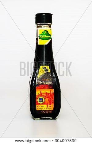 Varna, Bulgaria, May 25, 2019. Glass Bottle Of Dark Balsamic Vinegar With Protected Geographical Ind