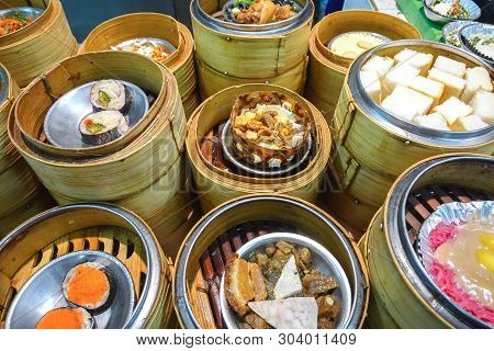 Chinese Dimsum Bamboo Steamer. Dimsum In The Steam Basket. Chinese Cuisine.
